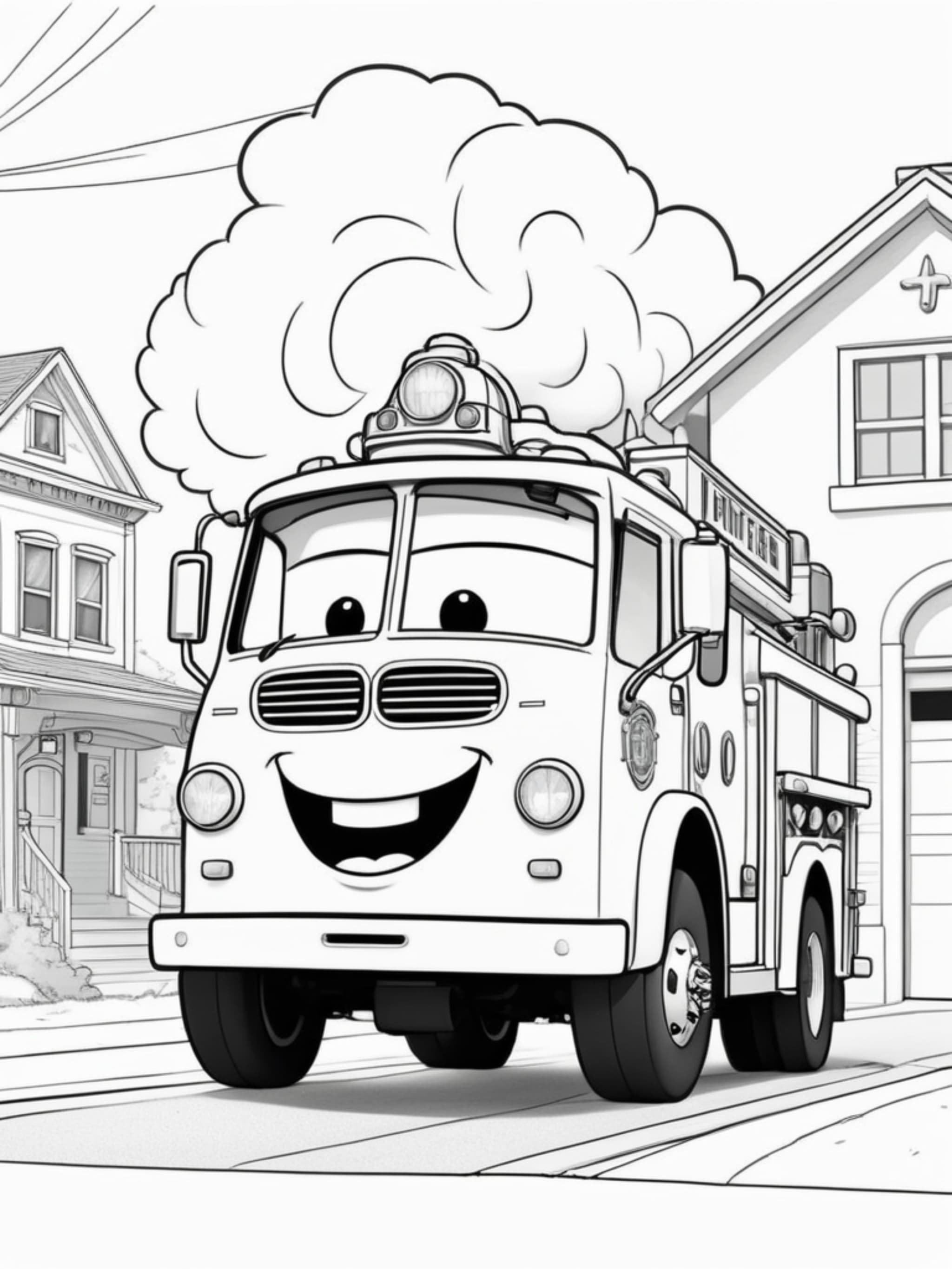 Cartoon Fire Engine In Front of Fire Station