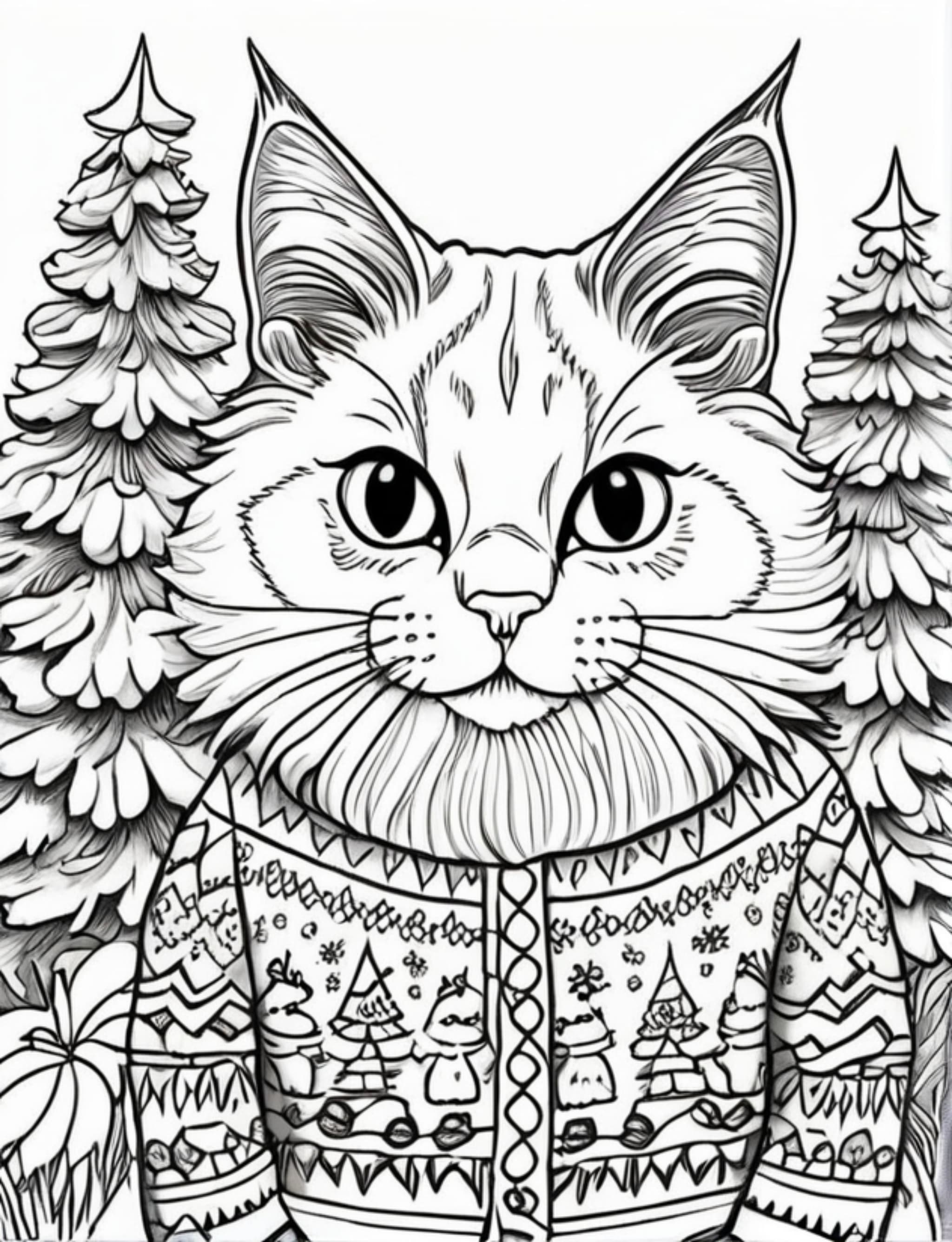 Cat in a Christmas sweater in the forest